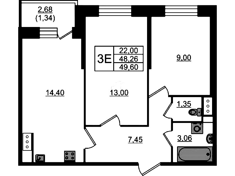 2-комнатная квартира 49.6 м², 4/23 эт., ЖК «Живи! В Рыбацком»